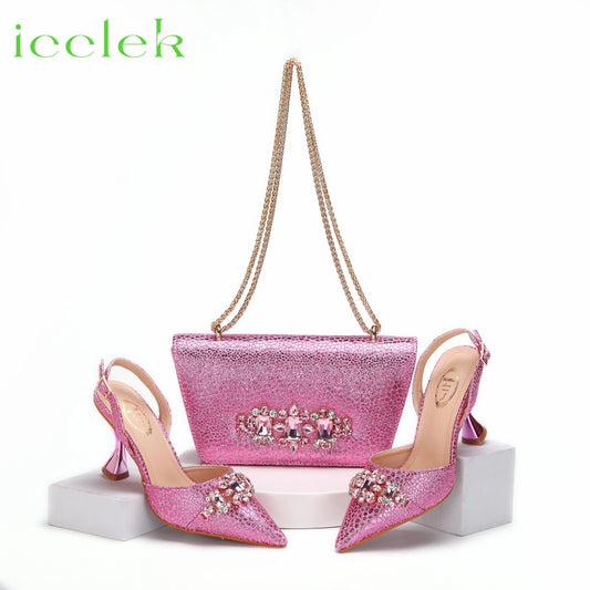 New Arrivals Special Design Pink Color African Women Shoes and Bag Set