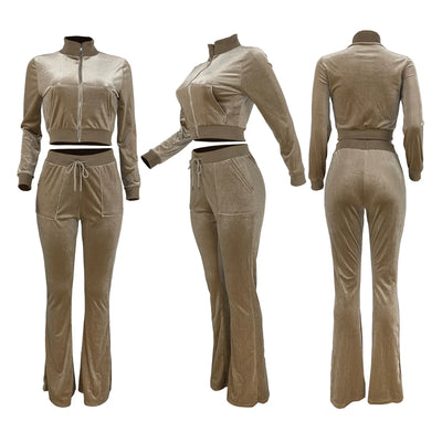 Women Jogger Sportswear Flare Long Trouser Pant 2 Piece Suit Solid