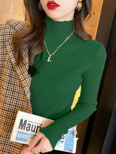 Elegant Solid Basic Knitted Tops Women Turtlneck Sweater Long Sleeve