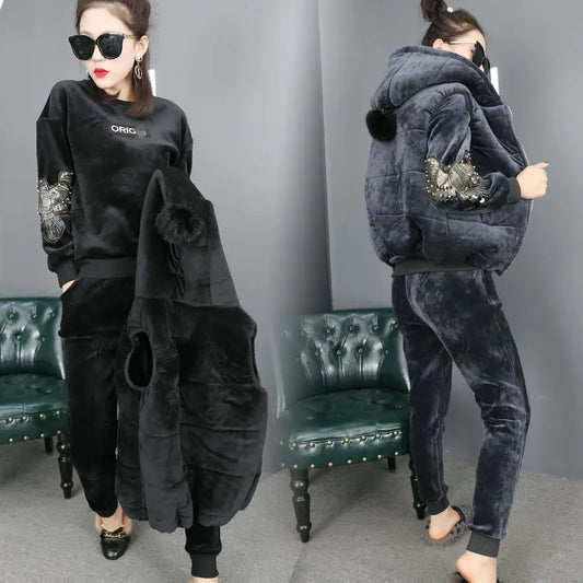 Winter Thick Velour Women Sport Suit Warm Hoodie