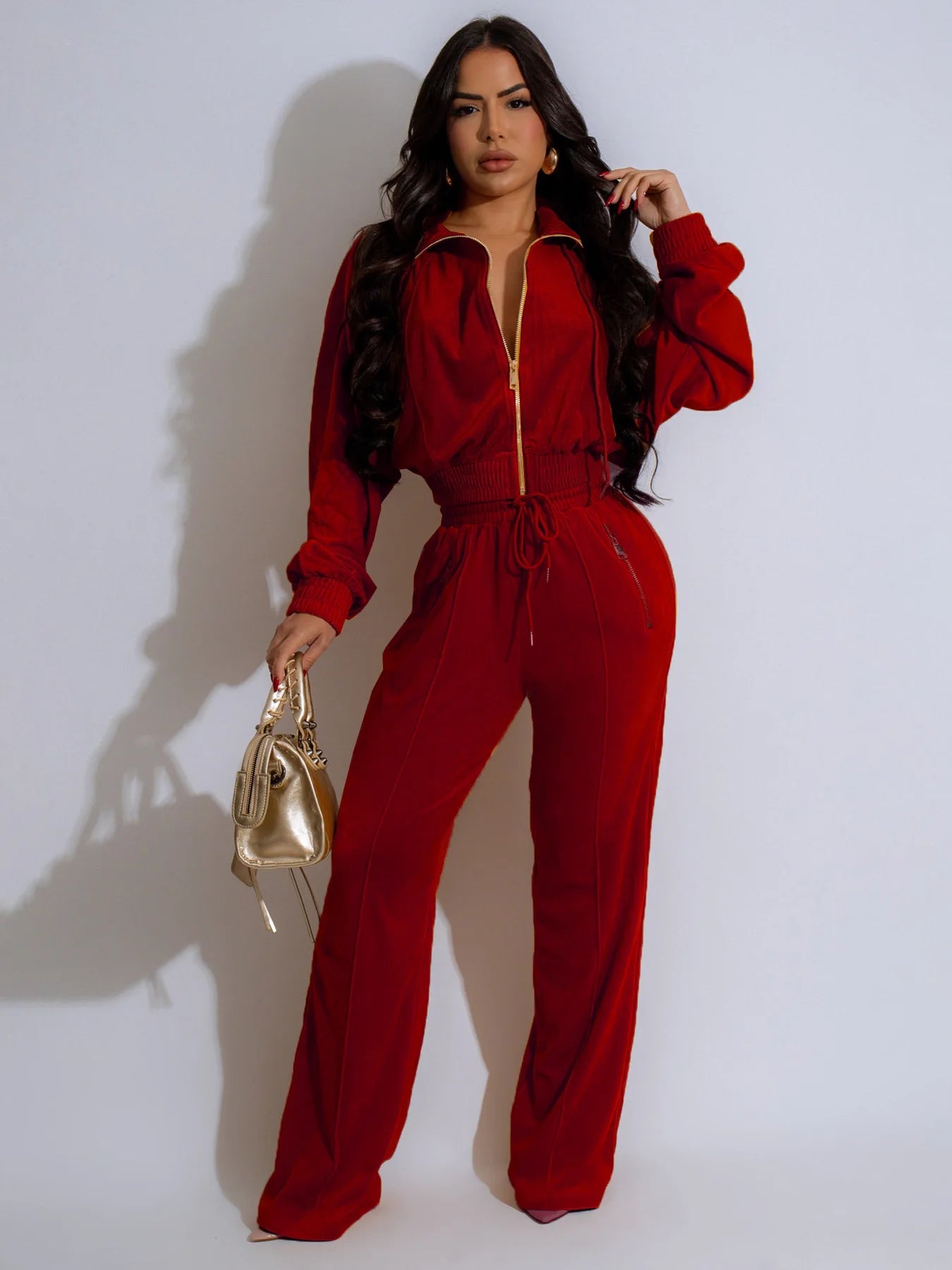 Women Set Autumn Winter Velvet Long Sleeve Jacket And Straight Pants