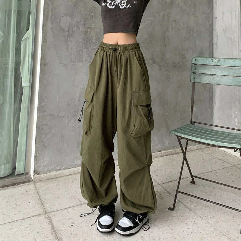 Y2K Parachute Black Pants Women Hippie Streetwear Oversize Pockets