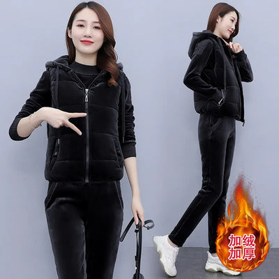 Winter Thick Velour Women Sport Suit Warm Hoodie