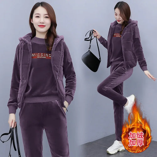 Winter Thick Velour Women Sport Suit Warm Hoodie