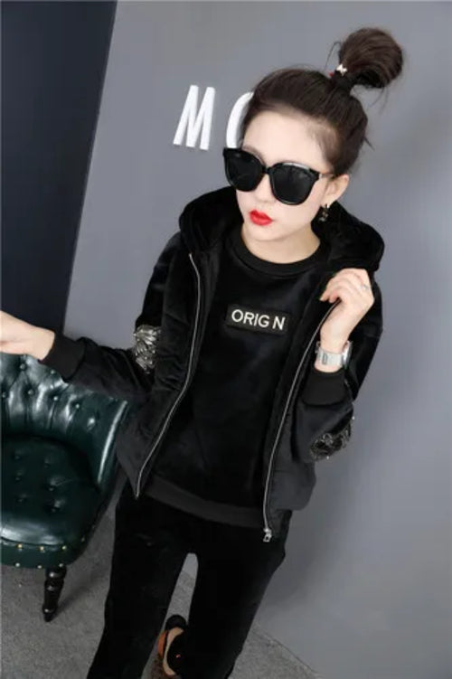 Winter Thick Velour Women Sport Suit Warm Hoodie