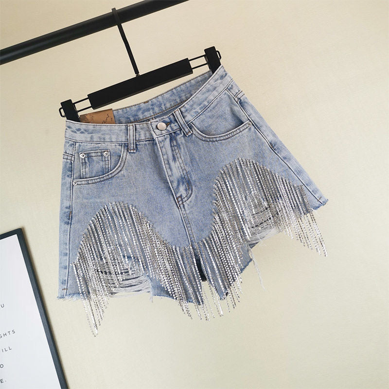 Summer Ripped Jeans Short Femme High Waist Diamond Tassel Y2k Casual