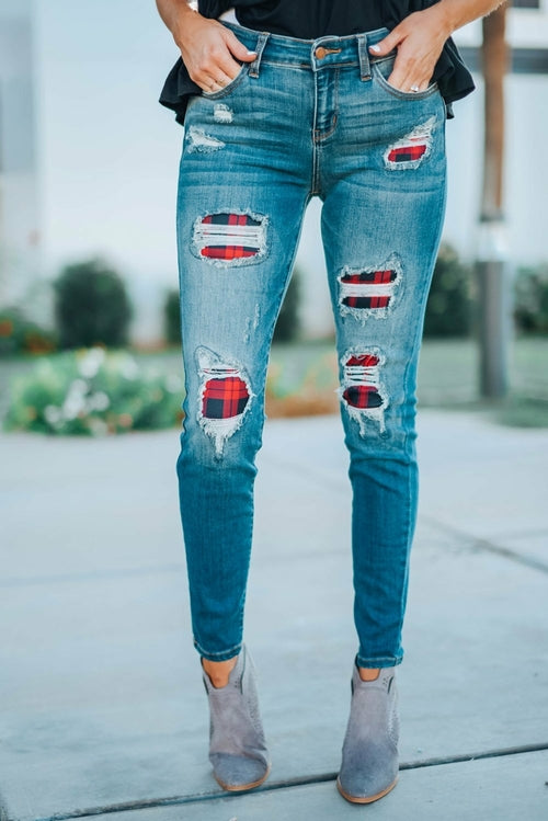 Women's Fashion Red Plaid Patch Destroyed Skinny Jeans