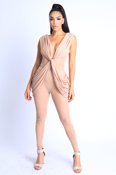 Sexy Sleeveless Lightweight Draped Mesh Jumpsuit Party Clubwear NUDE