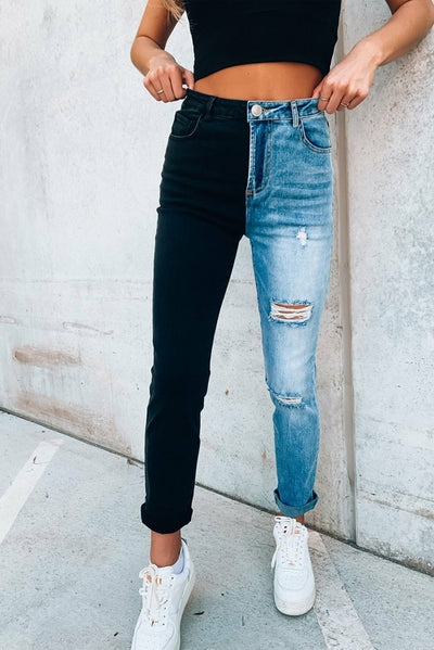 Color Block Distressed Skinny Jeans