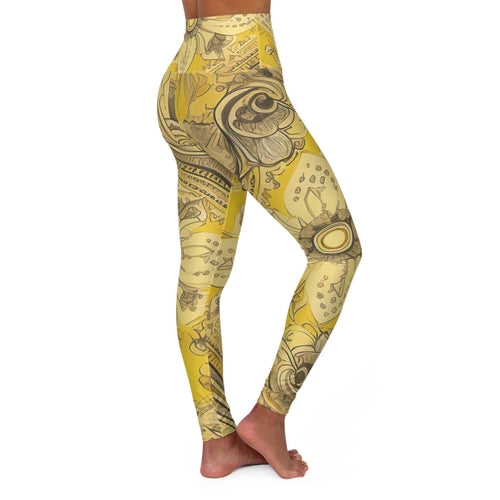 Womens High-waist Fitness Legging Yoga Pants - Floral Yellow Bandanna